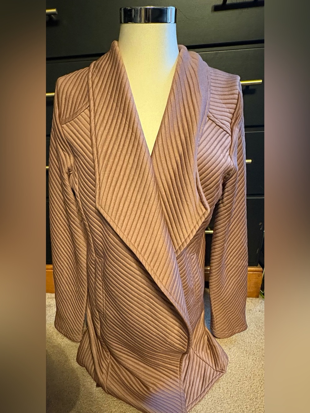 Simply Noelle Quilted Draped Open-Front Jacket in Mauve Taupe